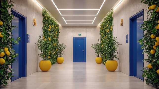 Modern Elevator doors of office or hotel hallway,lemon tree summer season decor santorini style,Lobby interior,scandinavian concept with lift,marble elegant lift for passenger or cargo elevators.