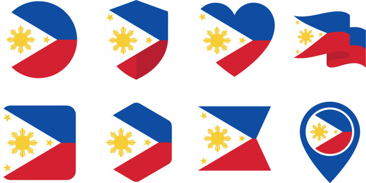 Philippines National Flag Icon Set Featuring Various Geometric Shapes Heart Shield Ribbon Banner Waving Flag And Map Pin Pinoy Vector