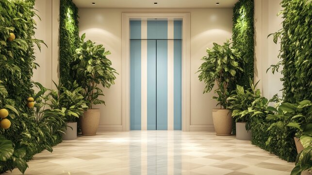 Modern Elevator doors of office or hotel hallway,lemon tree summer season decor santorini style,Lobby interior,scandinavian concept with lift,marble elegant lift for passenger or cargo elevators.
