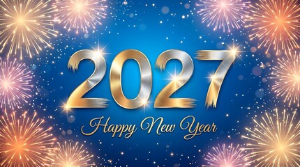 Obraz premium New year 2027 celebratory fireworks display on blue background with text happy new year.