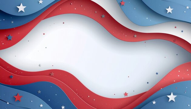 Layered red white blue wave background with stars and copy space