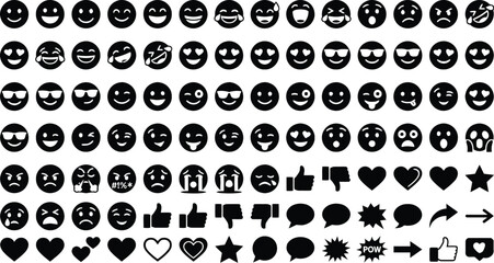 Fototapeta premium Collection Of Black And White Facial Expression Icons On White Background