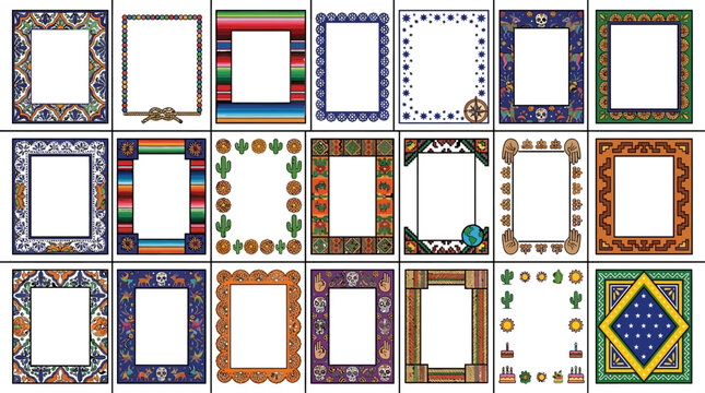 Vibrant Mexican folklore decorative frame collection with traditional ethnic patterns, colorful floral borders, and festive geometric ornaments isolated on a clean white background.