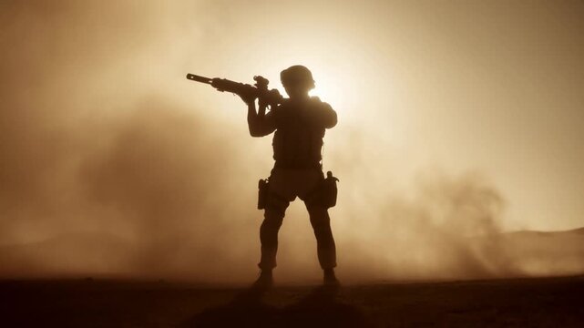 Tracking shot of soldier aiming rifle and bracing while firing on desert dunes with backlit dust haze at sunrise