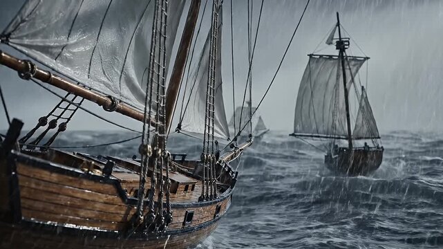 Miniature Sailboats in Stormy Seas - The video showcases detailed miniature sailboats navigating choppy waters amidst a heavy rainstorm.