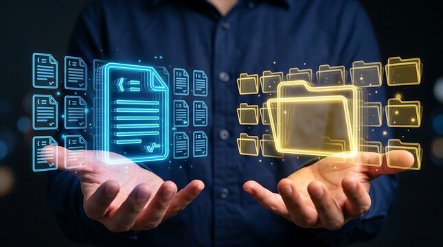 Human hands presenting glowing blue digital document icons with checkmarks and yellow folder symbols representing secure data validation
