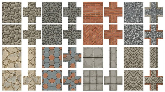 Pavement floor tile cobblestone brick illustration set with gravel stone concrete hexagonal decor