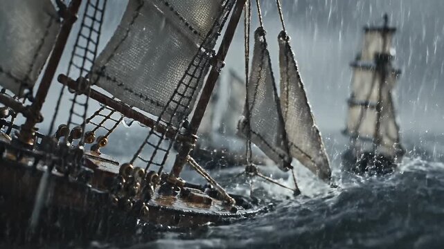 Miniature Sailboats in Stormy Seas - Detailed video of miniature sailboats navigating through choppy waters under heavy rain, highlighting the intricate rigging of the model ships.
