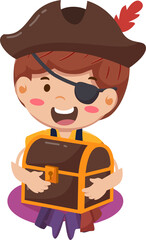 Little Boy Pirate with Treasure Chest Cartoon Illustration