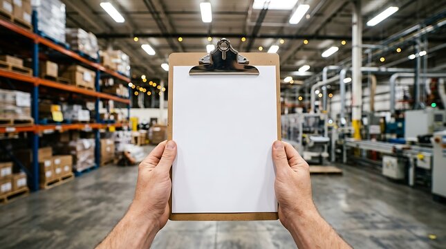 Person holding clipboard with blank white paper in large warehouse facility featuring industrial shelving and logistics environment for inventory management concepts