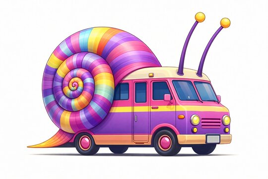 Camping car color&eacute;, van avec coquille d'escargot symbolisant la lenteur