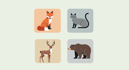 Obraz premium Animals including a fox, raccoon, deer and bear are shown