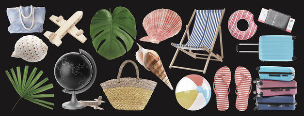Summer travel vacation essentials collection with beach accessories, luggage, and tropical elements...
