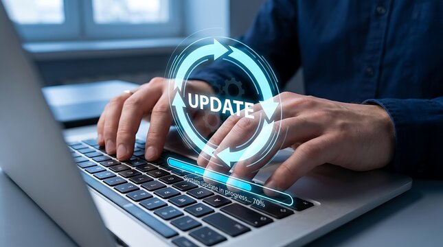 User installing system update on laptop with 70% progress and circular loading icon