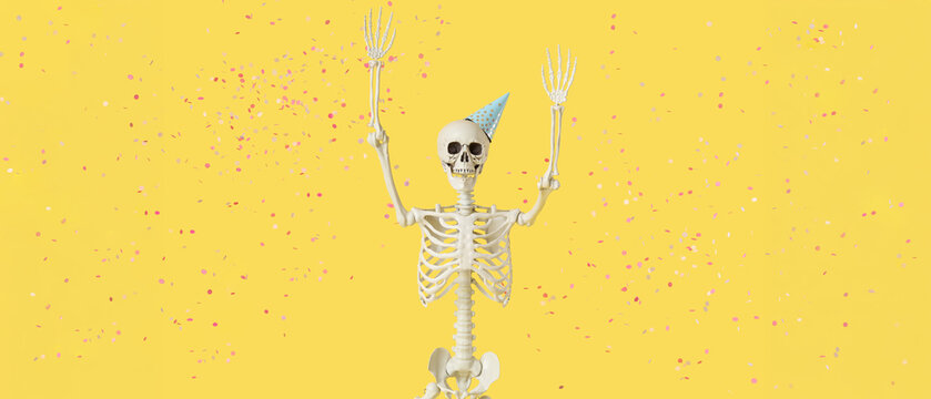 Human skeleton in party hat and flying confetti on yellow background
