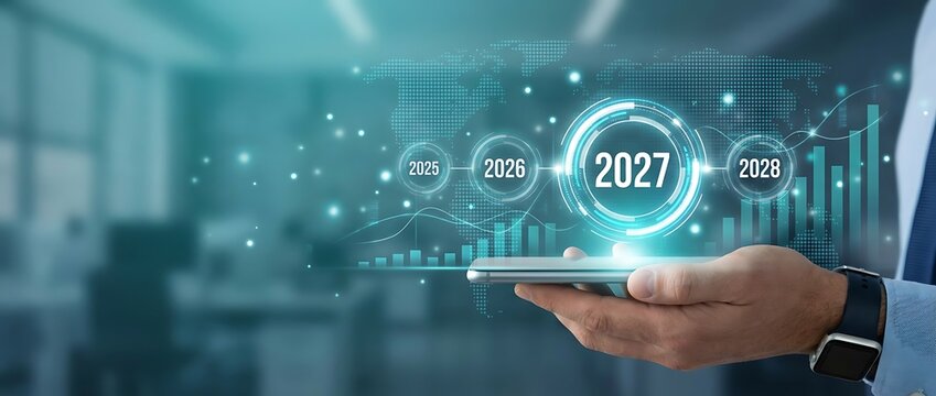 Business technology concept for year 2027 with digital world map charts and graphs on smartphone screen in businessman hand.
