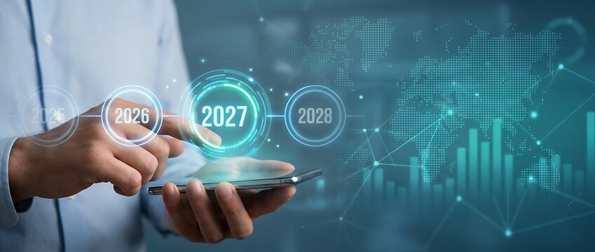 Man holding smartphone with augmented reality interface showing years 2025 2026 2027 2028 and digital globe with growth charts.