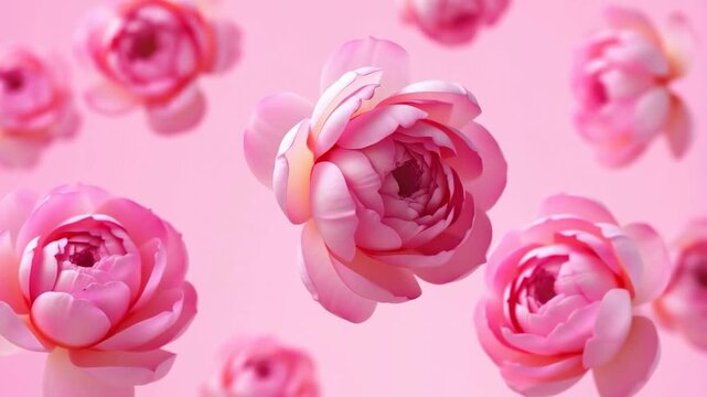 Vibrant pink flowers gently floating in air against soft pink background