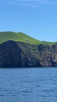 Ellidaey island, the third largest of the Westman Islands, with green cliffs and a lonely hunting lodge, Iceland