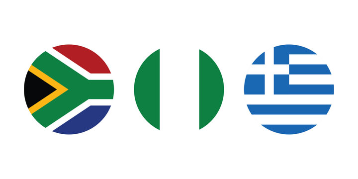 South Africa, Nigeria, and Greece national flag icons. Circular world flags set, flat vector country symbols collection