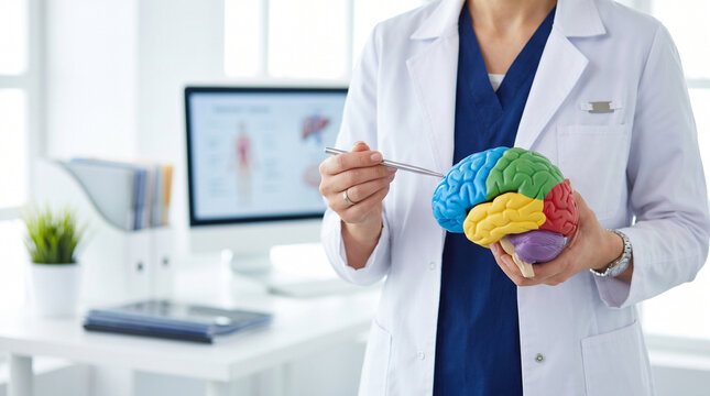 Medical professional presenting brain anatomy, symbolizing neuroscience, healthcare, and cognitive wellness.