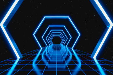 Fototapeta premium A 3D rendered futuristic tunnel with glowing blue hexagonal neon frames stretching into a starry space, over a grid-patterned reflective surface.
