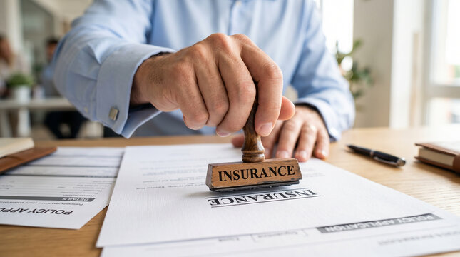 Person stamping insurance form, symbolizing contract validation, risk coverage, and financial security.