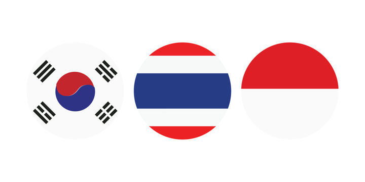 Asian national flag icons set, South Korea Thailand and Indonesia round buttons, flat vector world flags collection