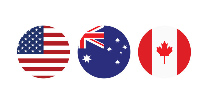 National flag circle icons of USA, Australia, and Canada. Round country emblems set. Vector world flags collection.
