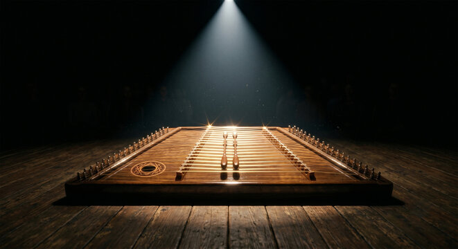 A cinematic, low-light shot of a hammered dulcimer on a wooden stage, illuminated by a single, sharp spotlight. The image captures the metallic reflection on the strings and the deep, 