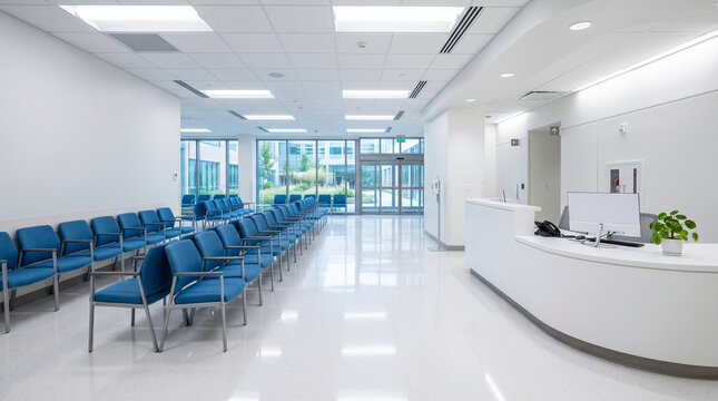 Empty hospital waiting room with blue chairs, symbolizing healthcare service, patient care, and clinical cleanliness.