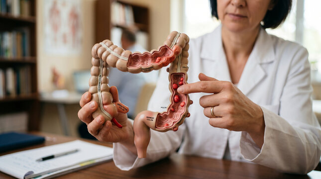 Doctor holding colon model, symbolizing digestive health, medical care, colon awareness, and prevention screening.