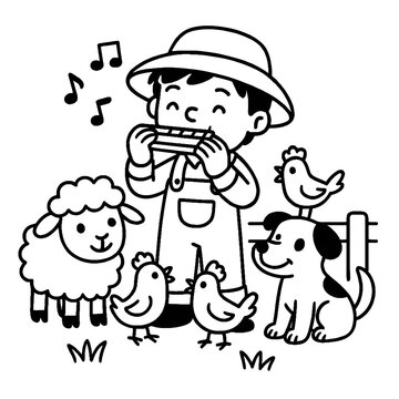 Cartoon Child Playing Harmonica with Farm Animals Line Art