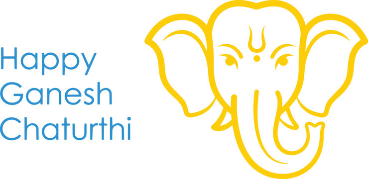 Happy ganesh chaturthi greeting card design with a yellow line art illustration of lord ganesha face for the hindu festival