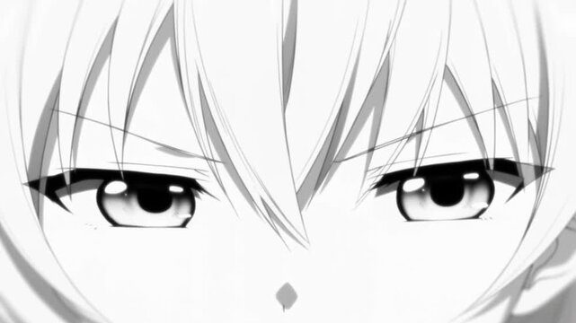 Slow zoom in close up of anime face showing eyes narrowing blinking and shifting gaze in subtle portrait on white studio background