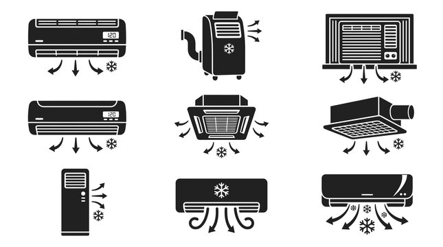 Hvac system icons set diverse air conditioning units and ventilation equipment in black and white