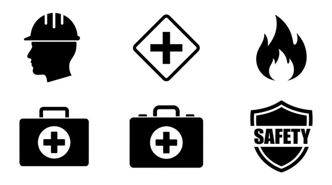 Safety icons including first aid hard hat and hazard warning symbols for workplace or emergency situations
