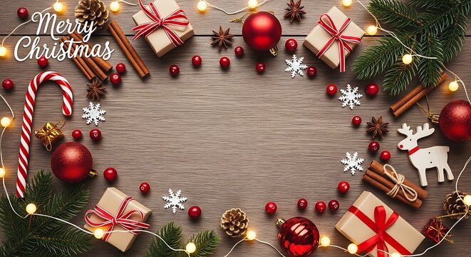 Festive christmas flatlay gifts ornaments and holiday decorations on wood