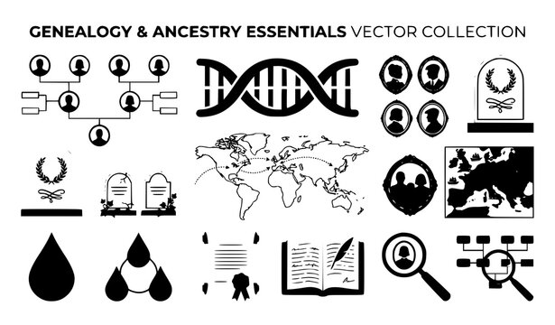 Heritage and genealogy vector set with ancestry research icons
