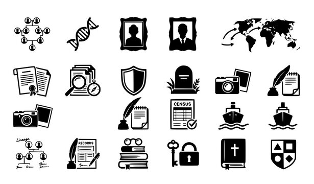 Modern ancestry and family lineage outline icon collection
