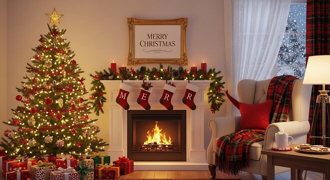 Cozy christmas living room with decorated tree fireplace and gifts
