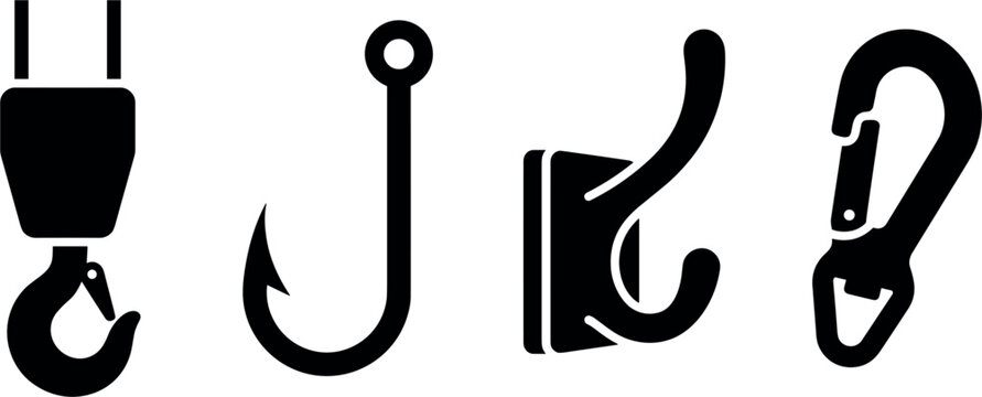 PrintBlack Silhouette Hook Icon Set Featuring Crane Pulley Fishing Tackle Wall Coat Hanger and Climbing Carabiner Hardware Vector Graphic