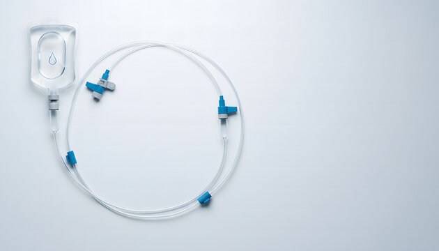 Clean IV infusion set with saline solution bag lies on a plain background. Minimalist studio layout, professional sterile mood, light blue and white color palette, healthcare theme