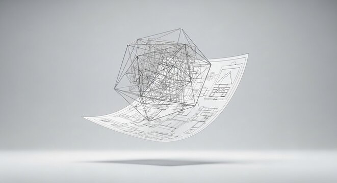 Intricate wireframe geometric model superimposed on architectural blueprint documents