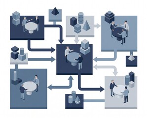 Fototapeta premium Strategic Business Network Flowchart Featuring Isometric Corporate Professionals Collaborating and Connecting Data Points
