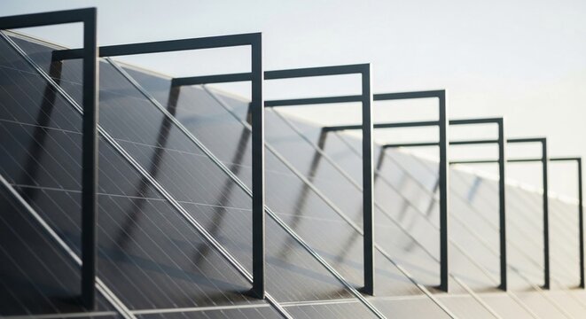 Row of modern solar panels with metallic frames against a clear sky, showcasing renewable energy technology.