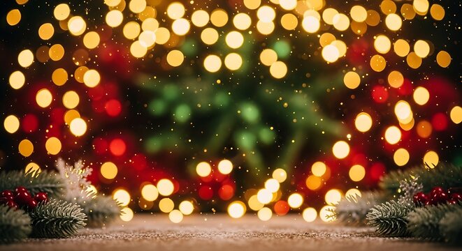 Festive christmas bokeh lights background with evergreen and holiday decorations