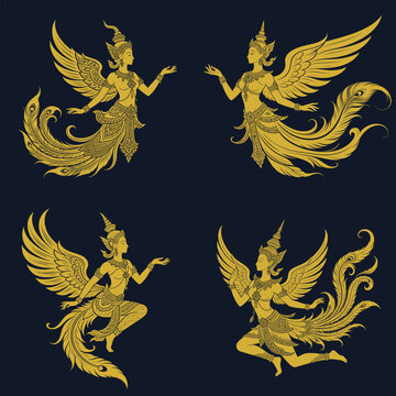 Elegant Kinnari silhouette featuring a mythical Thai celestial bird maiden with graceful wings and traditional ornamental details. Premium vector design inspired by Thai heritage and mythology.
