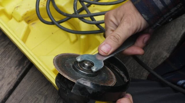 A man tightens the nut on an angle grinder using a special wrench. Close-up of replacing a cutting disc on a grinder before starting construction work