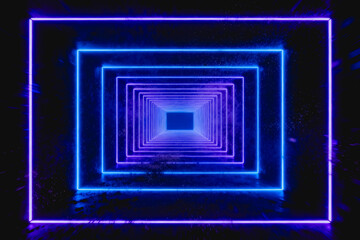 Fototapeta premium A futuristic neon tunnel with layered glowing rectangular frames, purple and blue hues, and scattered particles against a dark backdrop, creating a sense of depth.
